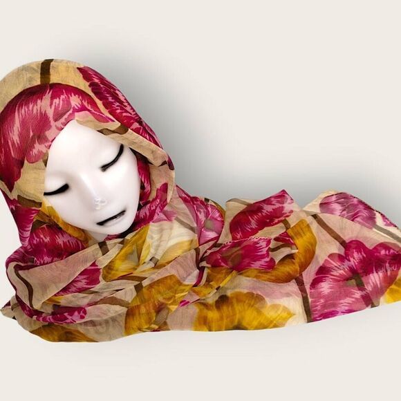 Womens Scarf Sheer Chiffon Rectangle Magenta Gold Floral Print Wrap Classic Boho - Picture 8 of 9
